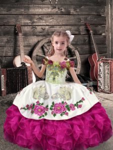 Custom Design Fuchsia Ball Gowns Off The Shoulder Sleeveless Organza Floor Length Lace Up Beading and Embroidery and Ruffles Kids Pageant Dress