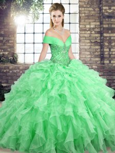 Elegant Apple Green Sleeveless Brush Train Beading and Ruffles Ball Gown Prom Dress