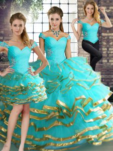 Aqua Blue Three Pieces Beading and Ruffled Layers 15th Birthday Dress Lace Up Tulle Sleeveless Floor Length