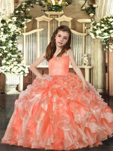 Most Popular Organza Straps Sleeveless Lace Up Ruffles High School Pageant Dress in Peach