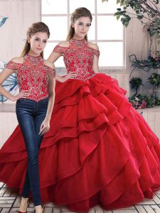 Dynamic Red Lace Up Halter Top Beading and Ruffles Quinceanera Gown Organza