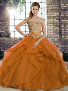 Stunning Orange Lace Up Off The Shoulder Beading and Ruffles Ball Gown Prom Dress Tulle Sleeveless Brush Train