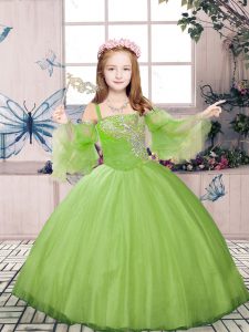 Adorable Spaghetti Straps Long Sleeves Lace Up Child Pageant Dress Champagne Tulle