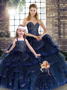 Fashionable Sleeveless Tulle Floor Length Lace Up Quinceanera Dresses in Navy Blue with Beading and Ruffles