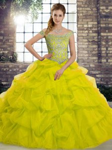 Superior Tulle Sleeveless 15th Birthday Dress Brush Train and Beading and Pick Ups