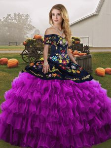 Black And Purple Off The Shoulder Lace Up Embroidery and Ruffled Layers Quince Ball Gowns Sleeveless