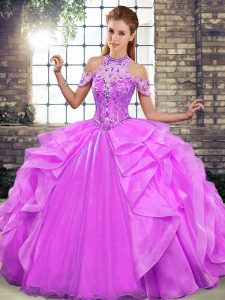 High Class Lilac Organza Lace Up Halter Top Sleeveless Floor Length Vestidos de Quinceanera Beading and Ruffles