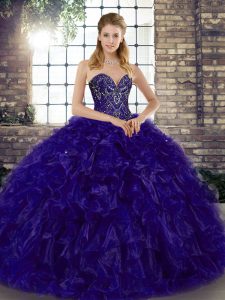 Sweetheart Sleeveless Organza Quinceanera Dress Beading and Ruffles Lace Up