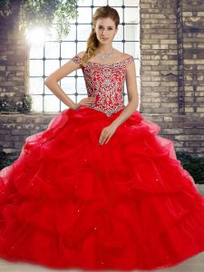 Pretty Red Off The Shoulder Lace Up Beading and Pick Ups Sweet 16 Dresses Brush Train Sleeveless