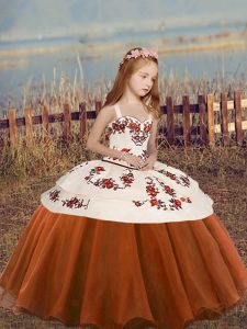 On Sale Sleeveless Organza Floor Length Lace Up Little Girls Pageant Dress in Rust Red with Embroidery and Ruffled Layers