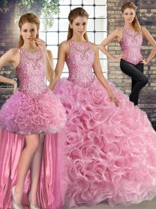 Rose Pink Sleeveless Beading Floor Length 15 Quinceanera Dress