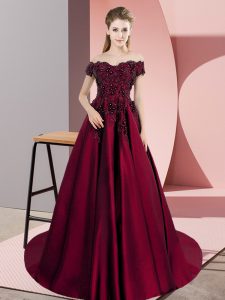 Modern Wine Red Zipper Off The Shoulder Appliques Quince Ball Gowns Satin Sleeveless Court Train