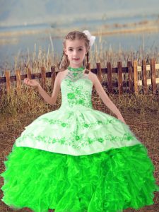 Green Lace Up Kids Formal Wear Beading and Embroidery and Ruffles Sleeveless Floor Length