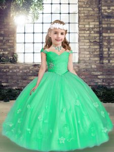 Superior Green Ball Gowns Straps Sleeveless Tulle Floor Length Lace Up Beading and Hand Made Flower Pageant Dress