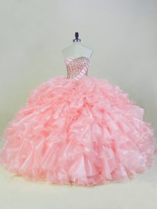 Peach Sleeveless Beading and Ruffles Lace Up Quinceanera Gowns