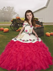 Nice Coral Red Lace Up Straps Embroidery and Ruffles Little Girls Pageant Dress Organza Sleeveless