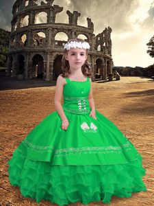 Affordable Sleeveless Satin and Organza Floor Length Zipper Pageant Dress for Teens in Green with Embroidery and Ruffled Layers