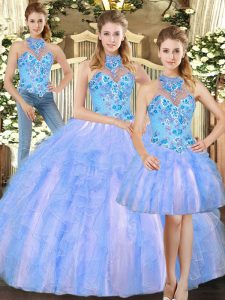 Romantic Multi-color Ball Gowns Tulle Halter Top Sleeveless Embroidery Floor Length Lace Up Sweet 16 Dresses