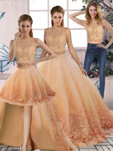Custom Designed Peach Quinceanera Dresses Military Ball and Sweet 16 and Quinceanera with Lace Scalloped Sleeveless Sweep Train Backless