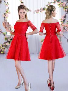 Half Sleeves Mini Length Lace Lace Up Court Dresses for Sweet 16 with Red