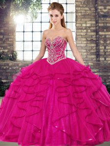 Fantastic Fuchsia Ball Gowns Tulle Sweetheart Sleeveless Beading and Ruffles Floor Length Lace Up 15 Quinceanera Dress