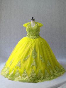 Affordable Yellow Green Ball Gowns Tulle Sweetheart Sleeveless Appliques Lace Up Quince Ball Gowns Court Train