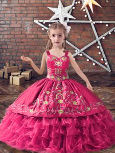 Sweet Satin and Organza Straps Sleeveless Lace Up Embroidery and Ruffled Layers Child Pageant Dress in Hot Pink