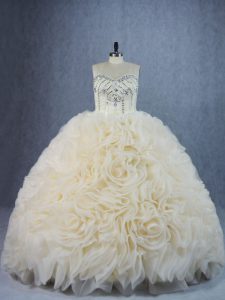 Best Selling Champagne Fabric With Rolling Flowers Lace Up Sweetheart Sleeveless 15th Birthday Dress Brush Train Beading and Ruffles