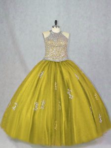 Sleeveless Floor Length Beading and Appliques Lace Up Sweet 16 Dress with Olive Green