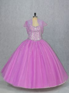 Sleeveless Floor Length Beading Lace Up Quince Ball Gowns with Lilac