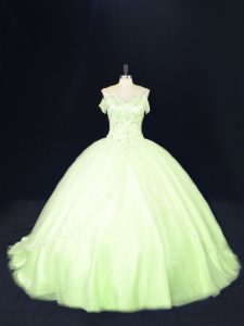 New Arrival Yellow Green 15th Birthday Dress Off The Shoulder Sleeveless Court Train Lace Up