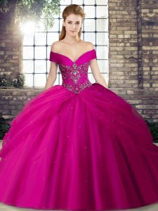 Fuchsia Ball Gowns Tulle Off The Shoulder Sleeveless Beading and Pick Ups Lace Up Sweet 16 Dress Brush Train