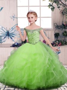 Inexpensive Ball Gowns Off The Shoulder Sleeveless Tulle Floor Length Lace Up Beading and Ruffles Little Girls Pageant Dress