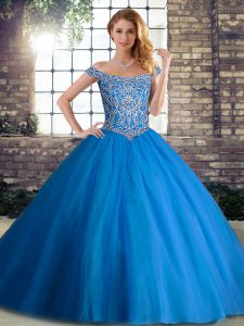 Artistic Blue Off The Shoulder Neckline Beading Sweet 16 Dress Sleeveless Lace Up