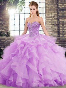 Stunning Lavender Sleeveless Brush Train Beading and Ruffles Quinceanera Dress