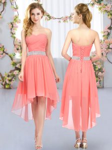 Fancy Watermelon Red Sleeveless Chiffon Lace Up Dama Dress for Quinceanera for Wedding Party