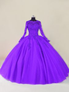 Purple Long Sleeves Floor Length Lace and Appliques Zipper Quince Ball Gowns