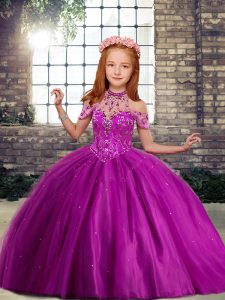 Sleeveless Floor Length Beading Lace Up Girls Pageant Dresses with Fuchsia