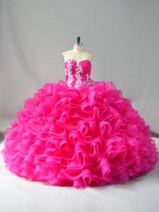 Clearance Hot Pink 15th Birthday Dress Organza Sleeveless Appliques and Ruffles