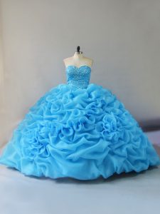 Modest Baby Blue Lace Up Sweet 16 Dress Beading and Pick Ups and Hand Made Flower Sleeveless Court Train