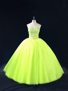 Sweetheart Sleeveless Ball Gown Prom Dress Floor Length Beading Yellow Green Tulle