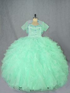 Floor Length Lace Up Quinceanera Dresses Apple Green for Sweet 16 and Quinceanera with Beading and Ruffles