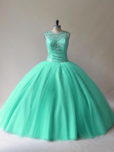 Simple Aqua Blue Tulle Lace Up Quince Ball Gowns Sleeveless Floor Length Beading