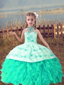 Fashion Turquoise Halter Top Neckline Beading and Embroidery and Ruffles Child Pageant Dress Sleeveless Lace Up