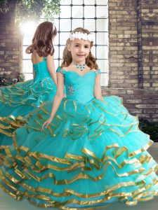 Classical Aqua Blue Sleeveless Beading and Ruching Floor Length Pageant Dress Wholesale