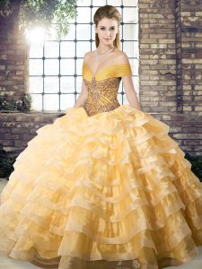 Luxury Organza Sleeveless Quince Ball Gowns Brush Train and Beading and Ruffled Layers