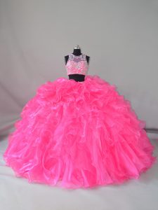 Hot Selling Sleeveless Beading and Ruffles Zipper Sweet 16 Dress with Hot Pink Court Train