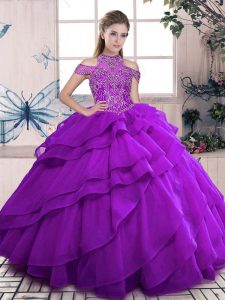 Beautiful Purple Ball Gowns Organza High-neck Sleeveless Beading and Ruffles Floor Length Lace Up Quinceanera Dress