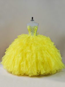 Sweet Sleeveless Floor Length Beading and Ruffles Lace Up Quince Ball Gowns with Yellow