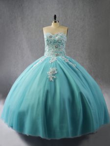 Blue Ball Gowns Organza Halter Top Sleeveless Appliques Floor Length Lace Up 15th Birthday Dress